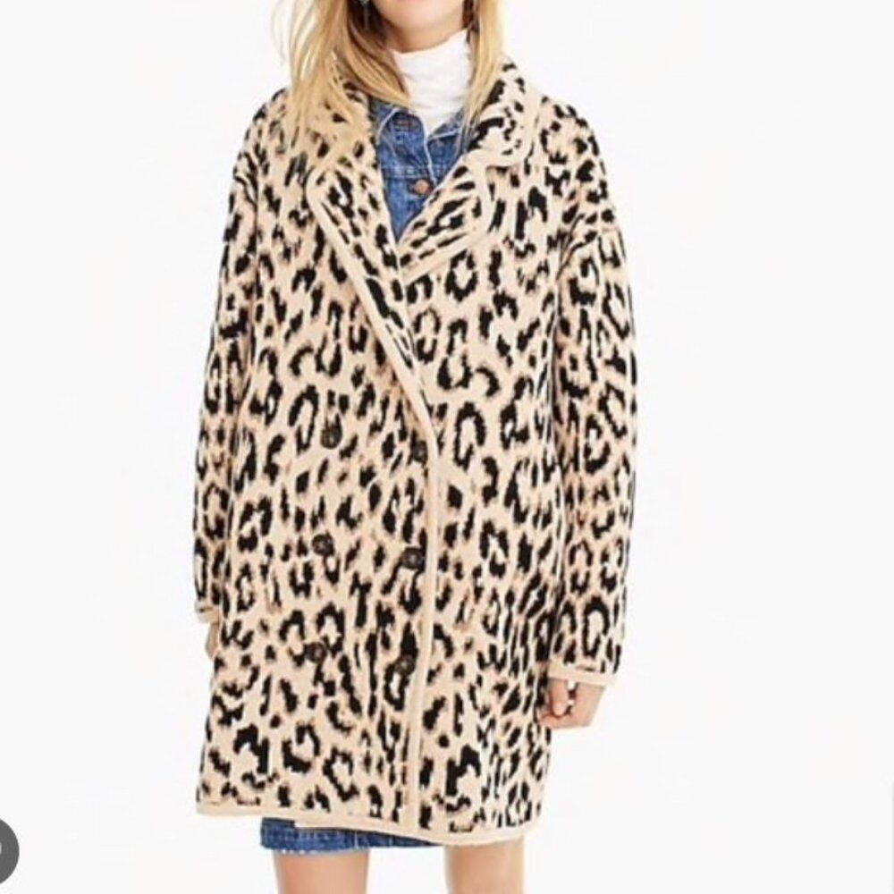 J.Crew Leopard Print Double-Breasted Sweater Coat Women’s Wool Blend Knit Jacket